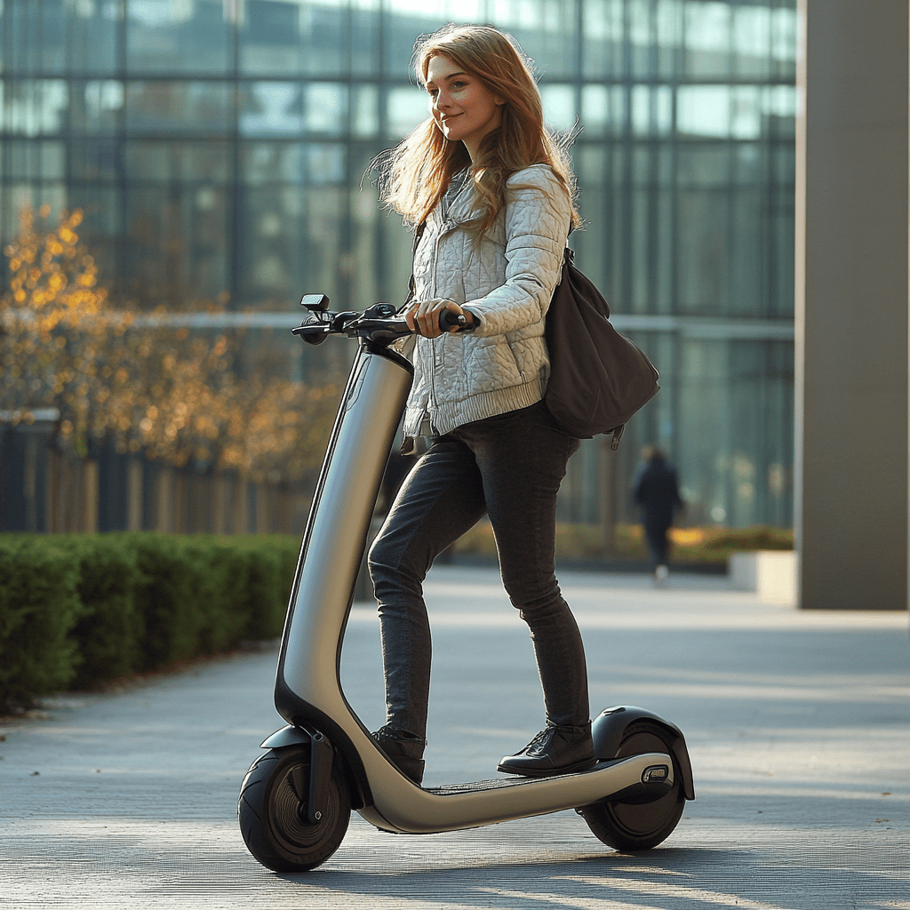 a woman riding a scooter